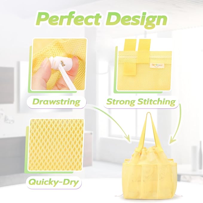 Mesh Shower Caddy Portable with Drawstring, Dorm Room Essentials for College Students Girls & Boys, Large Shower Bag for Camping,Swimming,Gym,Travel,Bathroom - Yellow
