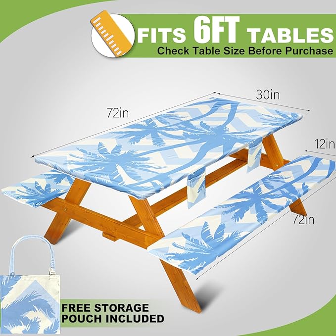 Fitted Picnic Table Cover with Bench Covers, Windproof Vinyl Table Cloths Outside Camping Cooking Backyard Furniture Seat Cushion Tablecloth Activities Party Decor Decorations Para Acampar Equipment
