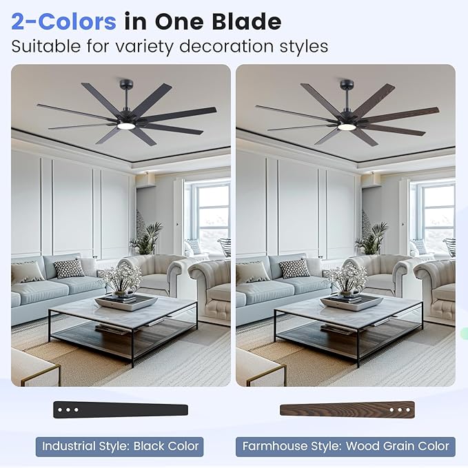 Newday 72 Inch Black Ceiling Fan with Light and Remote, Indoor/Outdoor Silent Reversible DC Motor, 6 Speeds, 3CCT, Timer, 8 Blades, 3 Downrods for Living Room, Patio, Garage