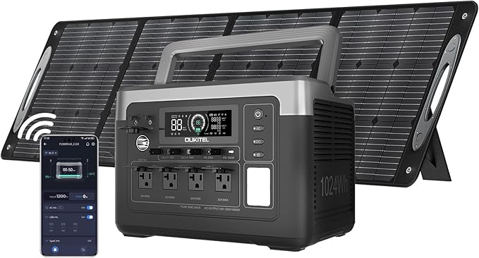 OUKITEL P1000 PLUS 1800W Power Station with 200W Solar Panel（Peak 3600W）, 1024Wh Solar Generator 1200W Fast Charging APP Control Emergency LiFePO4 Battery for Home Backup Camping RVs