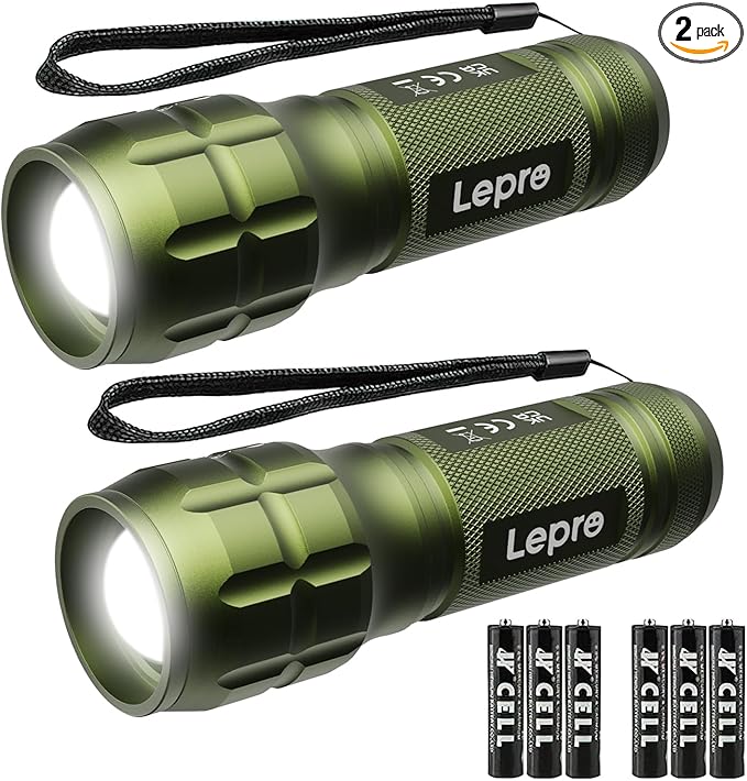 Lighting EVER LED Flashlights High Lumens, Small Flashlight, Waterproof, Adjustable Focus Flash Light for Outdoor, Emergency, Camping, AAA Batteries Included, 2 Pack