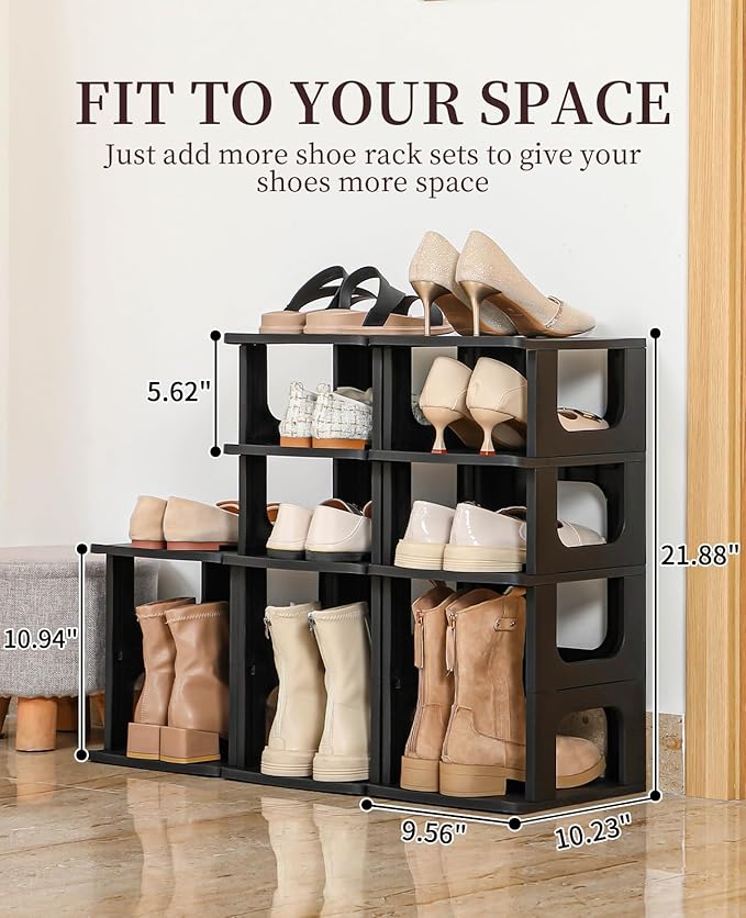 Shoe Organizer Rack for Small Spaces 5 Tier Plastic Vertical Narrow Shelves for Closet Black Shoe Holder, Stand for Entryway Storage Boots Organizer Stackable Cabinet