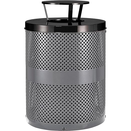 Global Industrial 32 Gallon Outdoor Perforated Steel Round Trash Can with Rain Bonnet Lid, Plastic Liner and Anchor Kit Included, 23-1/2" Diameter x 40-1/2"H, Gray