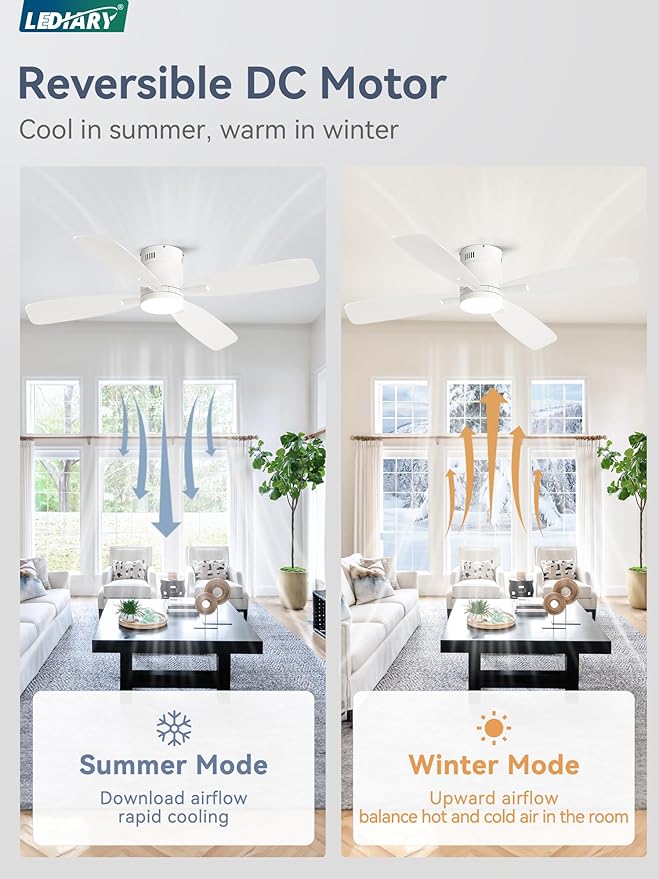 LEDIARY 52 inch Ceiling Fans with Lights and Remote Control,Flush Mount Ceiling Fan with Quiet Reversible DC Motor,White Modern Low Profile Ceiling Fan with Light for Bedroom Living Room Patio