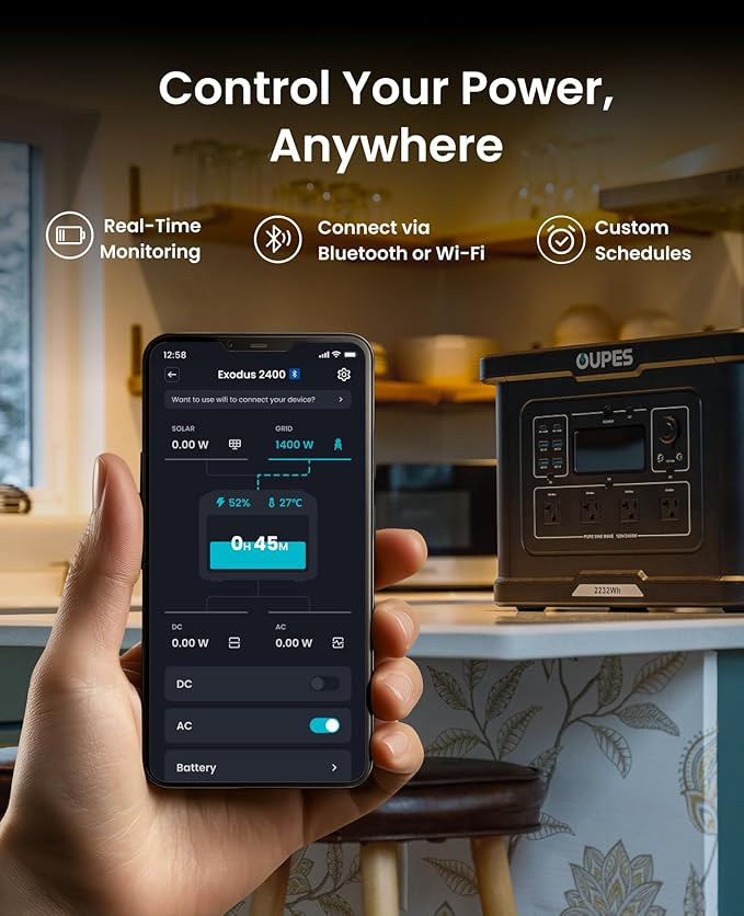 OUPES Exodus 2400 Solar Generator with a 240W Panel, 2400W / 2232Wh Portable Power Station with APP Control & UPS for RV, Home Backup, Professional Outdoor Use