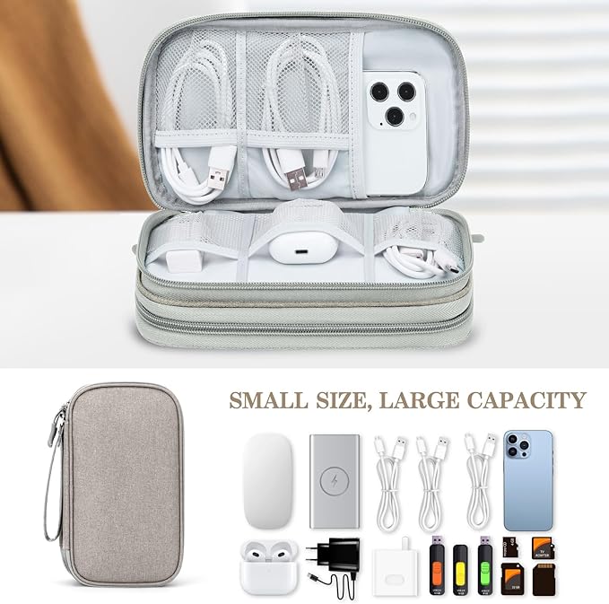 FYY Electronic Organizer, Travel Cable Organizer Bag Pouch Electronic Accessories Carry Case Portable Waterproof Double Layers Storage Bag for Cable, Charger, Phone, Earphone, Medium Size- Khaki