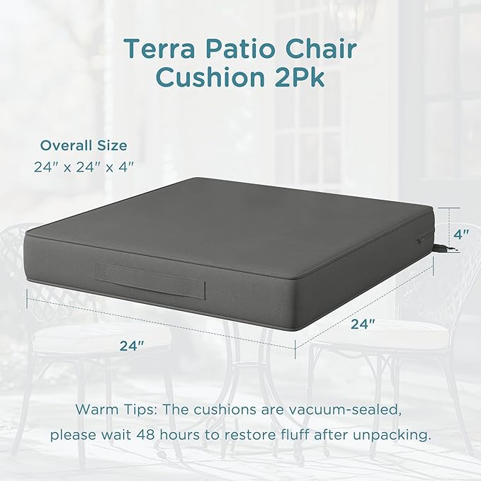 Codi Outdoor Couch Cushions 24x24 Inch, Thick Waterproof Seat Replacement Cushion with Handles & Adjustable Straps, Fade Resistant - Set of 2, Grey