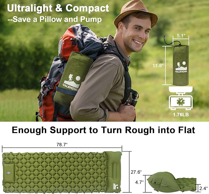 800g Ultralight Inflatable Sleeping Pad for Camping, with Foot Pump and Pillow, Compact Camping Mattress for Outdoors, Backpacking, Hiking