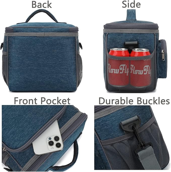 FlowFly Insulated Reusable Lunch Bag Adult Large Lunch Box for Women and Men with Adjustable Shoulder Strap,Front Zipper Pocket and Dual Large Mesh Side Pockets,Royal