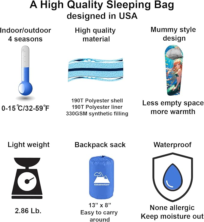 Mummy Style 32 – 59F Kids Sleeping Bag with Pillow Sleeve, Full Scale Digital Printing Unicorn, Mermaid, Kitty or Puppy, Lightweight, Ideal for Camping, Sleepover, Boys, Girls, Youth and Toddlers