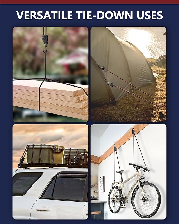 VIPARSPECTRA Ratchet Tie Down Straps, 1/4" Adjustable Rope Hangers [8 Pack, 12FT, 150 lbs/Pack], Heavy Duty Kayak Pulley System with Hooks for Garage Cargo Trucks Tents Grow Lights Various Lashing