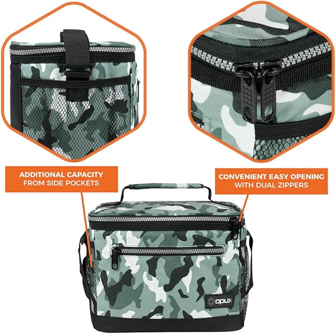 opux Insulated Lunch Box Men Women, Lunch Bag for Work School, Leakproof Soft Cooler Tote Adult, Large Lunch Pail Kids Boys Girls, Picnic Beach Food Bag with Shoulder Strap, Camo Green