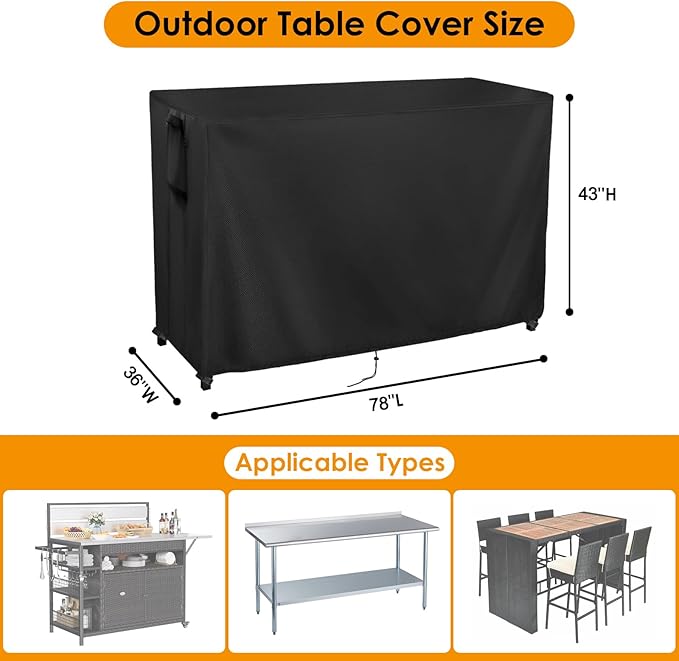 Kingling Outdoor Table Cover for Outdoor Bar Table, 78 Inch Waterproof Patio Bar Table Cover Outdoor Prep Table Covers - 78''L x 36''W x 43''H