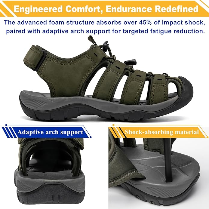 Men's Sport Sandals Closed Toe Leather Hiking Athletic Walking Outdoor Beach Trail River Fishing Water Shoes Lightweight Comfortable Waterproof