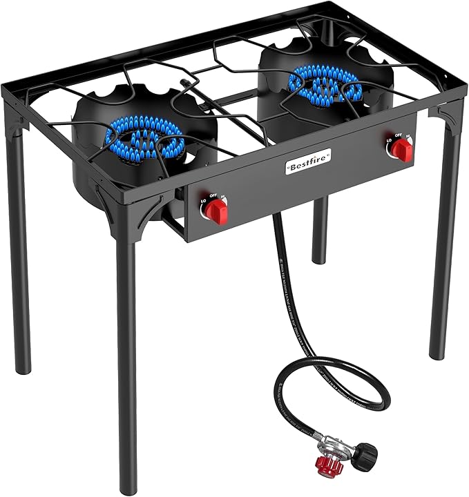 BESTFIRE 2 Burner Camping Stove,150,000 BTU High Pressure Outdoor Propane,4ft 20 PSI Adjustable Regulator Hose With Removable Legs for Backyard Cooking Camping Home