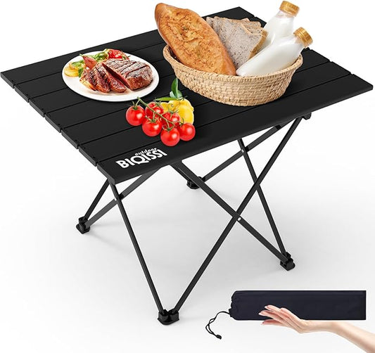 Portable Camping Table, Compact Camping Side Table with Carrying Bag, Ultralight Aluminum Beach Table Folding for Hiking, Camping, Picnicking, BBQ, Outdoor Cooking (Black Medium 22")