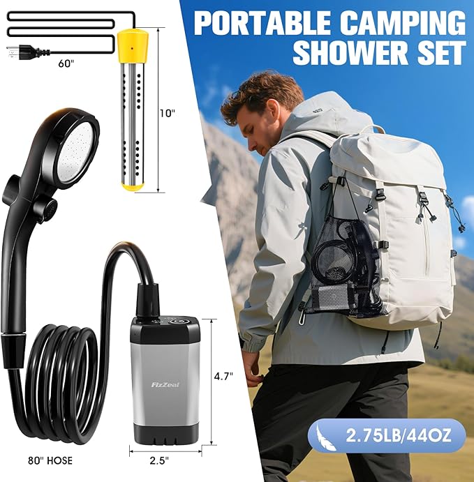 Portable Shower With Heater,6000Mah Rechargeable Portable Shower For Camping With 2000W Auto-Off Heater,4 Spray Modes,LED Display,Portable Shower Pump,Outdoor Shower For Camping,Hiking,Travel,Car,Pet