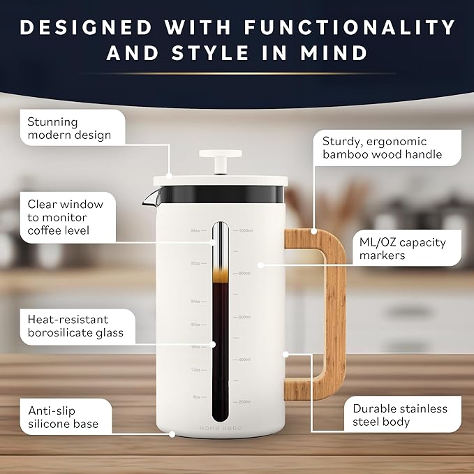 Home Hero French Press Coffee Maker - 34 oz Coffee Press with Bamboo Wood Handle, Heat Resistant Thick Borosilicate Glass French Presses, 4 Layer Filter, French Press Stainless Steel (Light Cream)