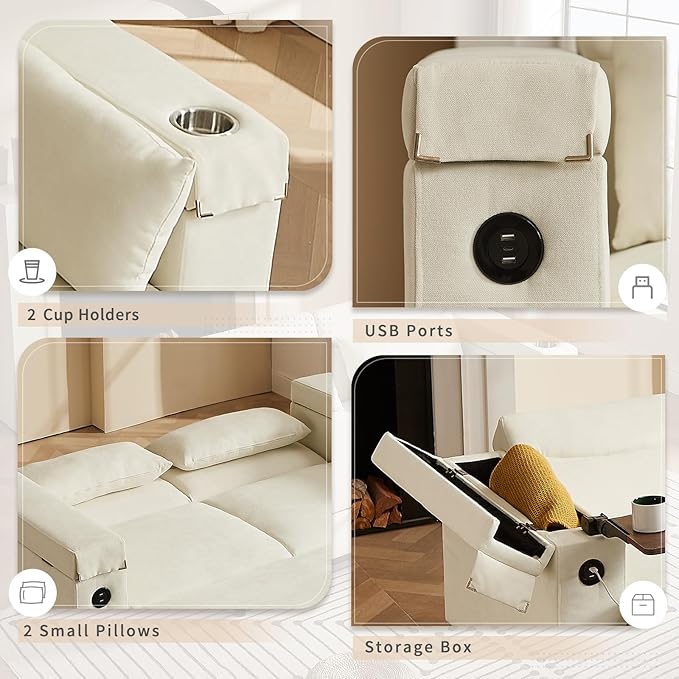 66" Multi-Functional Pull-Out Sofa Bed with Hidden Side Table, Storage Armrests, Built-in Charging Port, Spring Mattress, Solid Wood Frame – Ideal for Small Spaces, Easy Assembly