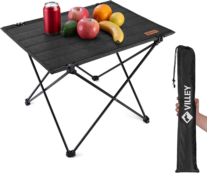 VILLEY Folding Camping Table with Carry Bag, Portable Lightweight Beach Table with Oxford Fabric and Reinforced Aluminum Panel for Outdoor, Camping, Picnic, Backyards, BBQ