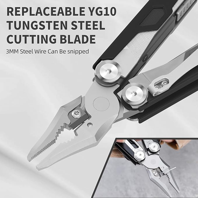 HANSHI 15 in 1 Multitool Pliers with Scissors, Upgraded Heavy Duty Stainless Steel Multi Tool with YG10 Tungsten Steel Replaceable Wire Cutters for Survival, Camping, Hiking,Repair and Gift (Black)