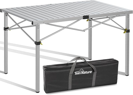 Portable Outdoor Camping Table Large for 2-6 Person - Foldable Camp Table with Aluminum Roll-Up Top & Carry Bag for BBQ, Tailgating, Backyard, 220 Lbs Capacity, Stable & Sturdy (Silver)