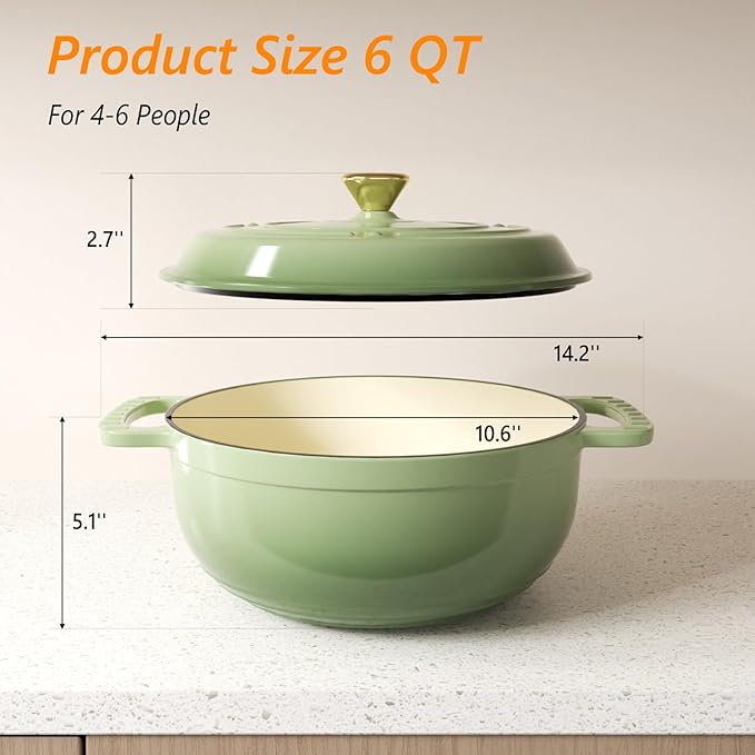 BONNLO 6QT Round Dutch Oven, Enameled Cast Iron Dutch Oven Pot with Lid & Dual Handles, Oven Safe Up to 500° F, for Sourdough, Bread Baking, Stews and Roasting (Sage)