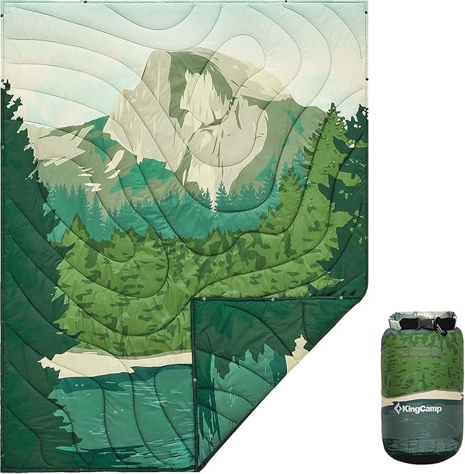 KingCamp Ultralight Camping Blanket, Packable Down Alternative Puffy Printed Wearable Blanket with Snap Buttons & Corner Loops Weatherproof Quilt for Outdoor Travel Stadium (79"L x 57"W, GREEN)