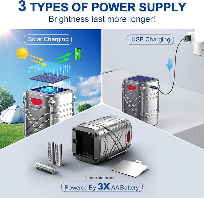 LETMY 4 Pack Camping Lantern, Rechargeable LED Lanterns, Solar Lantern Battery Powered Hurricane Lantern Flashlights with 3 Powered Ways & USB Cable for Emergency, Power Outage, Hurricane Supplies