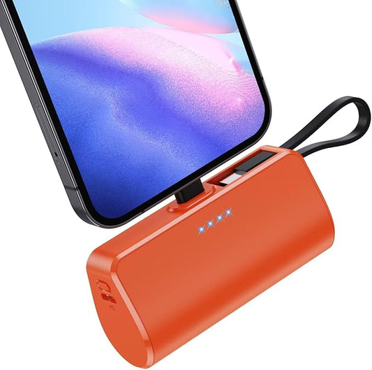 Mini Portable Charger for iPhone with Built-in Type-C Cable, 5200mAh Ultra-Compact Power Bank, PD 20W Fast Charging Battery Pack Phone Charger for iPhone 16/15/14/13, Samsung, Google, Android (Orange)