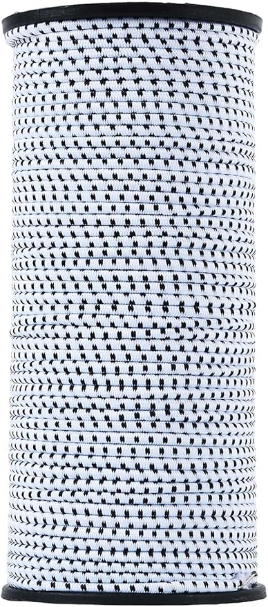 Bungee Cord 1/8 Inch x 200 Feet - White with Black Trace - Elastic Shock Cord, Stretch Rope for Kayak, Crafts, Tie-Downs, DIY Projects - Flexible, High-Strength Bungee Rope