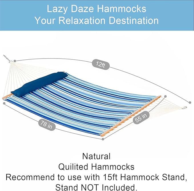 Lazy Daze Hammocks 12 FT Quilted Fabric Double Hammock with Spreader Bars and Detachable Pillow, 450 LBS Weight Capacity, Mixed Blue Stripes