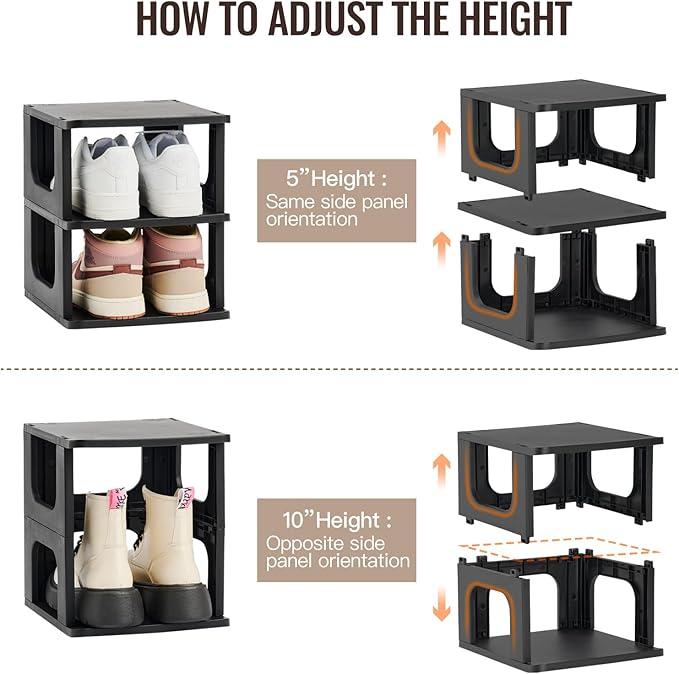 TRZZ 8-Tier Small Shoe Rack, Vertical Narrow Stackable Organizer with Removable Partition, Efficient Shoe Storage for Closet, Entryway, and Small Spaces (Black)