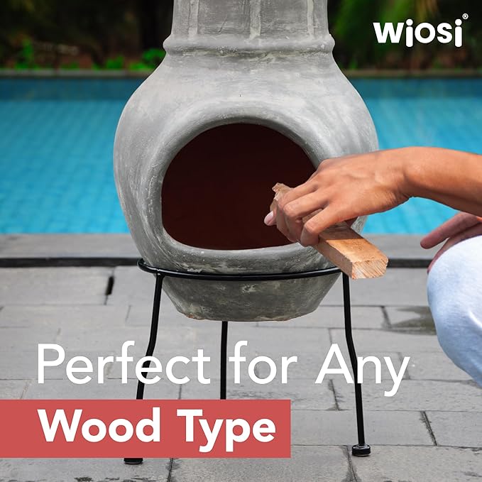 Wiosi Small Chiminea Outdoor Fireplace Grey –Clay Chimineas with Chimney Rain Lids and Solid Metal Stands - Mini Terracotta Chimenea – Rustic Fire Pit Chimnea 12 x 12 x 27-inch