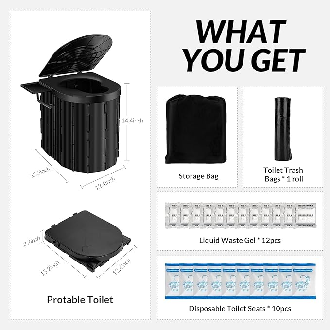 Portable Toilet, Upgraded 15'' Camping Toilet for Adults with Lid, Folding Toilet with Removable Paper Holder, Travel Portable Potty for Camping, Hiking, Roadtrip, Tent, Truck Drivers