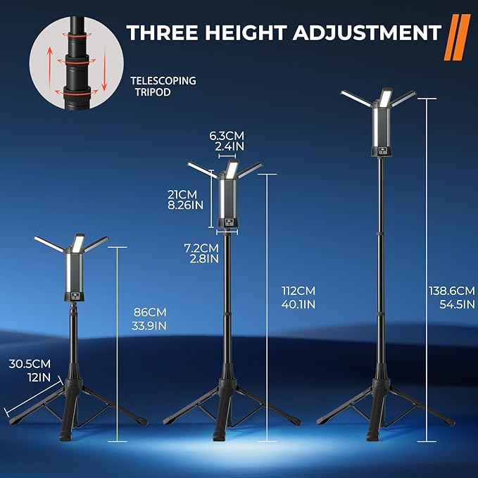 Rechargeable LED Work Light with Stand, Cordless Camping Light with Portable Telescopic Bracket, 6AH Battery, 2000Lumen Outdoor Construction Lights with Carrying Bag (Large)