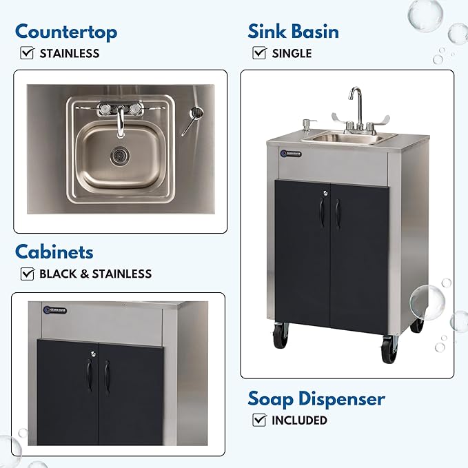 Ozark River Portable Sinks Elite LS1, Free Standing Portable Concession Sink, Commercial Restaurant Portable Sink with Hot Water, Stainless Food Service Sink, Black Doors-Black Edges