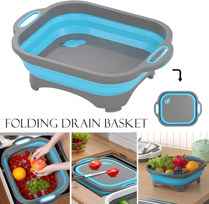 Collapsible Cutting Board,HI NINGER Camping cutting board with knife,Multifunctional Kitchen Vegetable Washing Basket Silicone Dish Tub for Camping Kitchen essentials/bbq prep tub/rv accessories