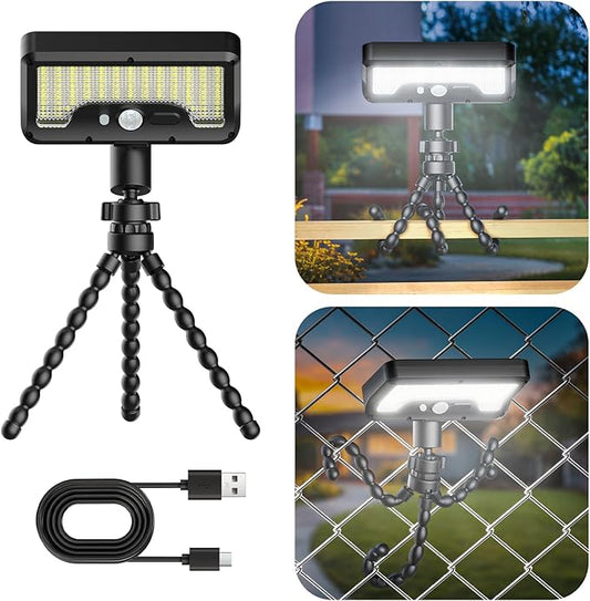 Tryme 92 LED Solar Lights Outdoor with Motion Sensor, Octopus Stand, Adjustable Angle, USB & Solar Powered, Optical Diffuser Lens, 3 Modes, IP65 Waterproof Fence Lights for Garden, Gate (1 Pack)