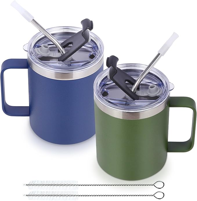Volhoply 12oz Insulated Leakproof Coffee Mug with Sliding & Straw Lid Bulk 2 Pack,Double Wall Vacuum Stainless Steel Travel Tumbler Cup with Handle,Camping Mugs Keep Cold/Hot(Assort color,2 Set)