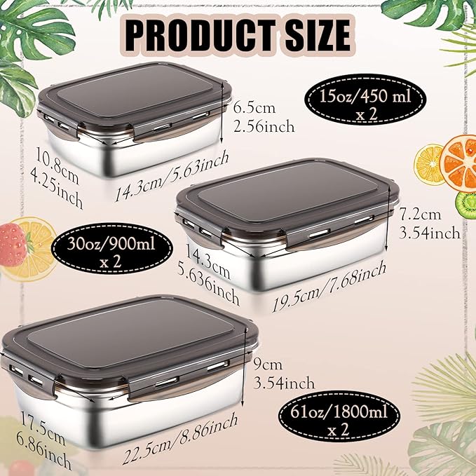 Nuanchu 6 Packs Stainless Steel Food Storage Containers Airtight Metal Food Containers Meal Prep Container Leak Proof Stackable Bento Lunch Box with Lids for Kitchen Travel Picnic and Camping(Black)