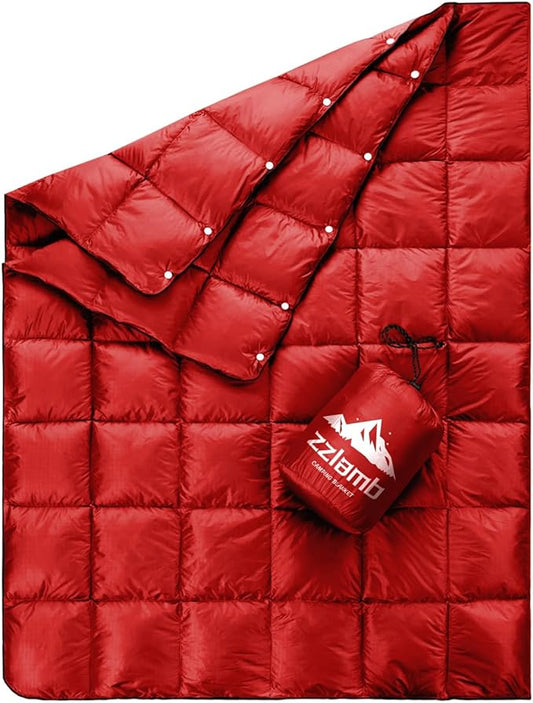 zzlamb Puffy Down Camping Blanket Water-Repellent, Down Throw Travel Blanket Portable for Outdoor, Light Warm Quilt for Couch Plane Car Theater Stadium Picnic RV Backpacking Hammock