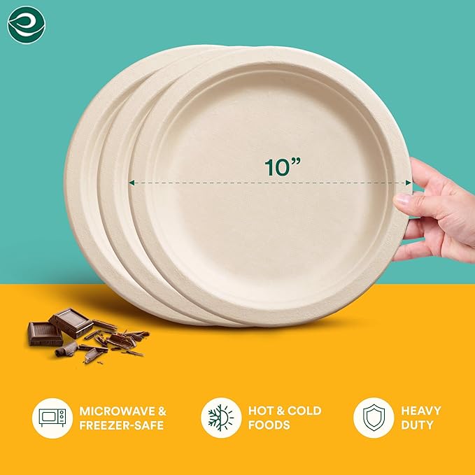 ECO SOUL 100% Compostable 10 Inch Paper Plates 400 [4x100 Pc] Disposable Bulk Party Plates I Heavy Duty Eco-Friendly Sturdy Dinner, Wedding, Event Plates I Biodegradable Unbleached