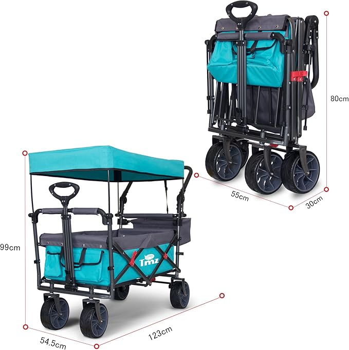 TMZ Collapsible Folding Outdoor Utility Wagon with Removable Canopy - 265lbs Heavy Duty Trolley with Rubber Wheels, Adjustable Handles, Rear Basket, for Shopping, Picnic, Camping (Turquoise/Grey)