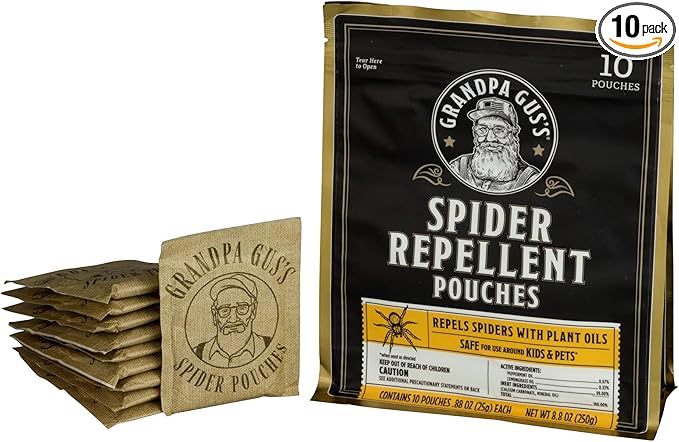 Grandpa Gus's Natural Spider Repellent Pouches, Peppermint and Lemongrass Oil Blend for Indoor Pest Control, Safe for Home, RV, Garage, Basement (10 Pouches)
