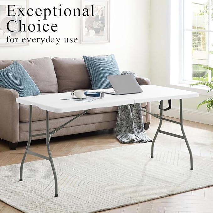 Set of 2 Folding Tables with Carrying Handle Lightweight Rectangular Portable Plastic Camping Table Steel Legs for Party, Dining, Wedding, Events, Picnic Indoor, Outdoor (6FT, White)