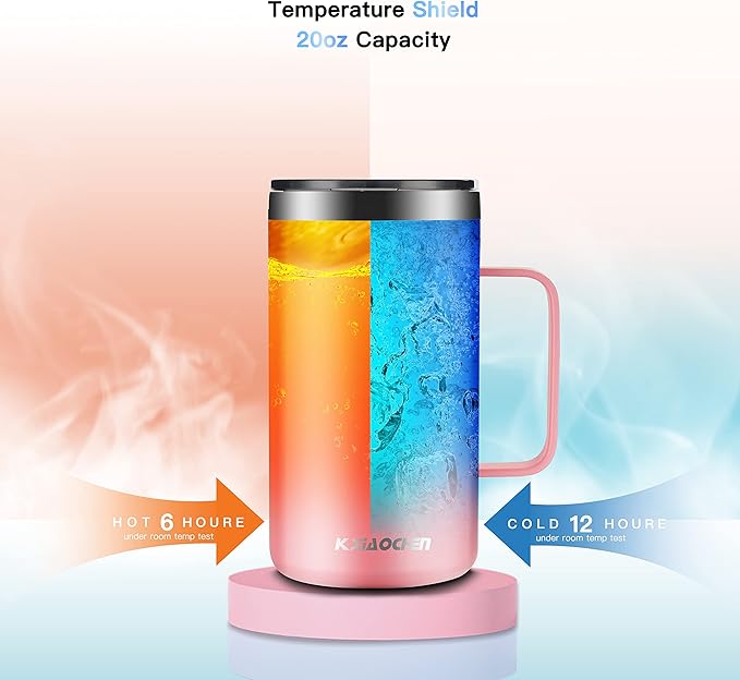 KXIAOCHEN 20oz Insulated Coffee Mug with Lid, Stainless Steel Coffee Cup, Double Wall Vacuum Coffee Tumbler with Handle, Premium Thermal Travel Coffee Mug (Pink)