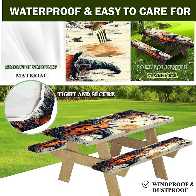 CAPSCEOLL Fitted Picnic Table Cover with Bench Covers with Elastic 8Ft Waterproof Picnic Table Cloths Windproof Outdoor Camping Tablecloth with Drawstring Bag, 96X30in, Halloween Pumpkins