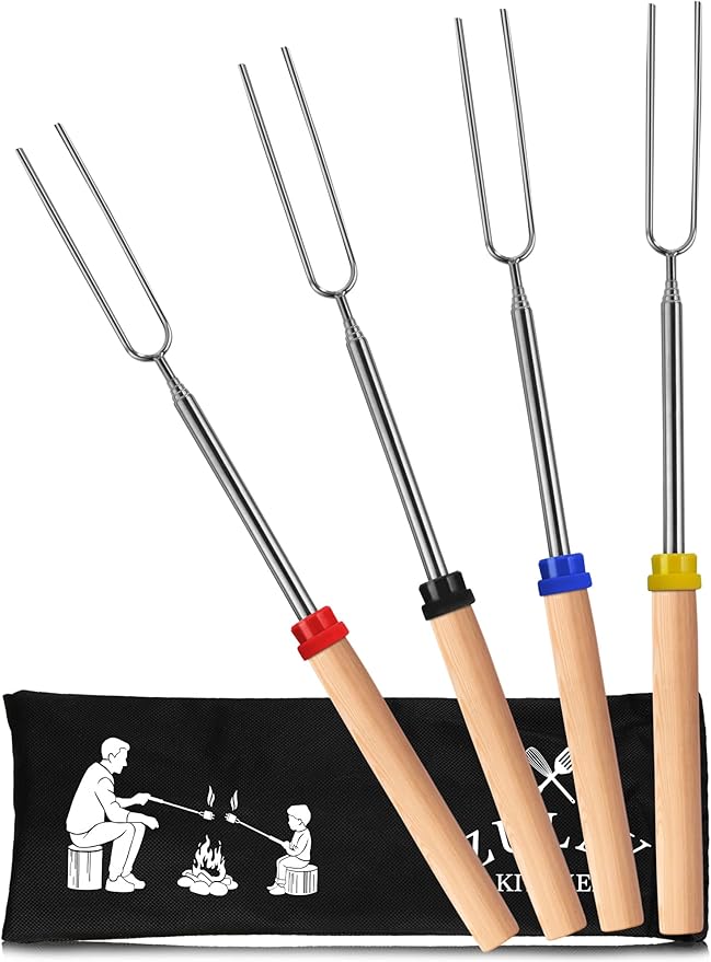 Zulay Sturdy Marshmallow Sticks for Fire Pit Extra Long - Great Smores Sticks Smores Kit for Fire Pit - Marshmallow Roasting Skewers - Hot Dog Fork Bonfire Glamping Camping Accessory 32" Value 4 Pack