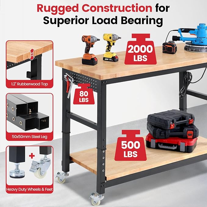 Work Bench for Garage Adjustable Workbenches with Storage 60 Inch Garage Workbench with Under Table Shelf, Pegboard, Power Outlets for Woodworking, Home, Office, Workshop